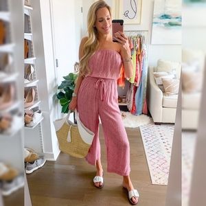 A&f red floral strapless jumpsuit